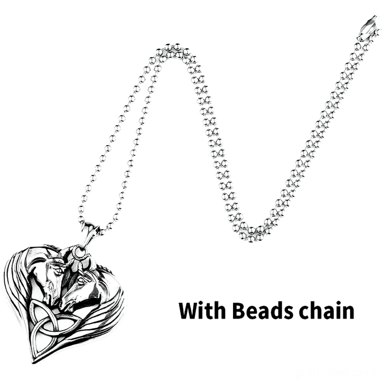 Twin horse heart pendant with beaded chain stainless steel gothic necklace