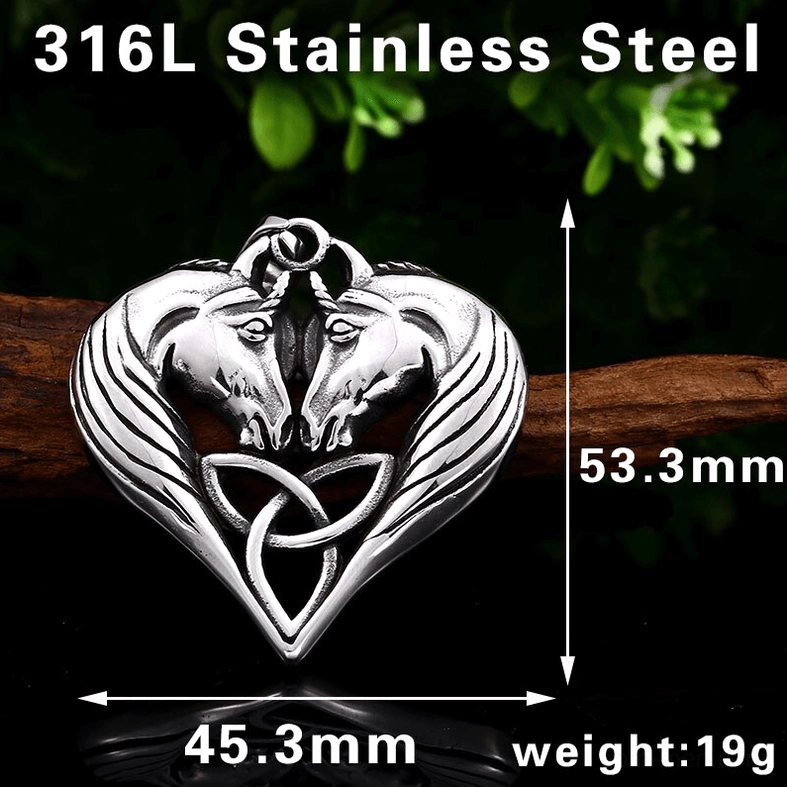 Stainless steel twin horse heart pendant Celtic knot design side view specifications
