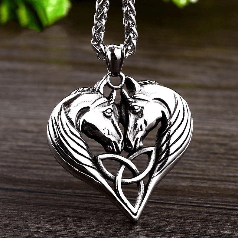 Twin horse heart pendant with rope chain stainless steel gothic necklace wear