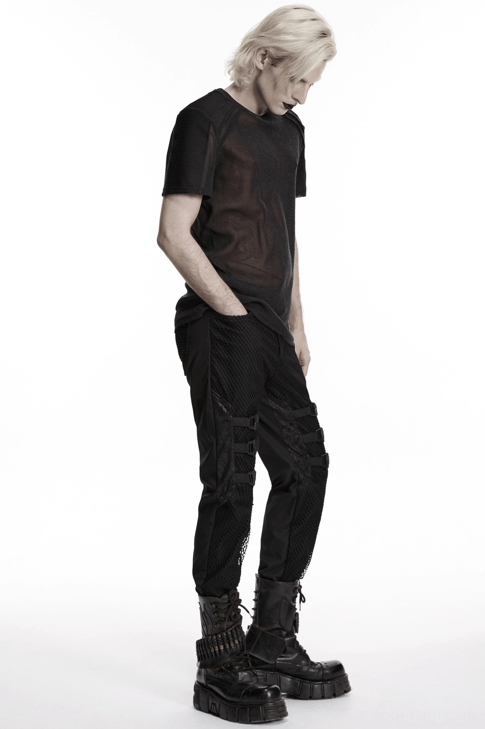 Black gothic industrial mesh pants with buckle straps - minimalist punk aesthetic