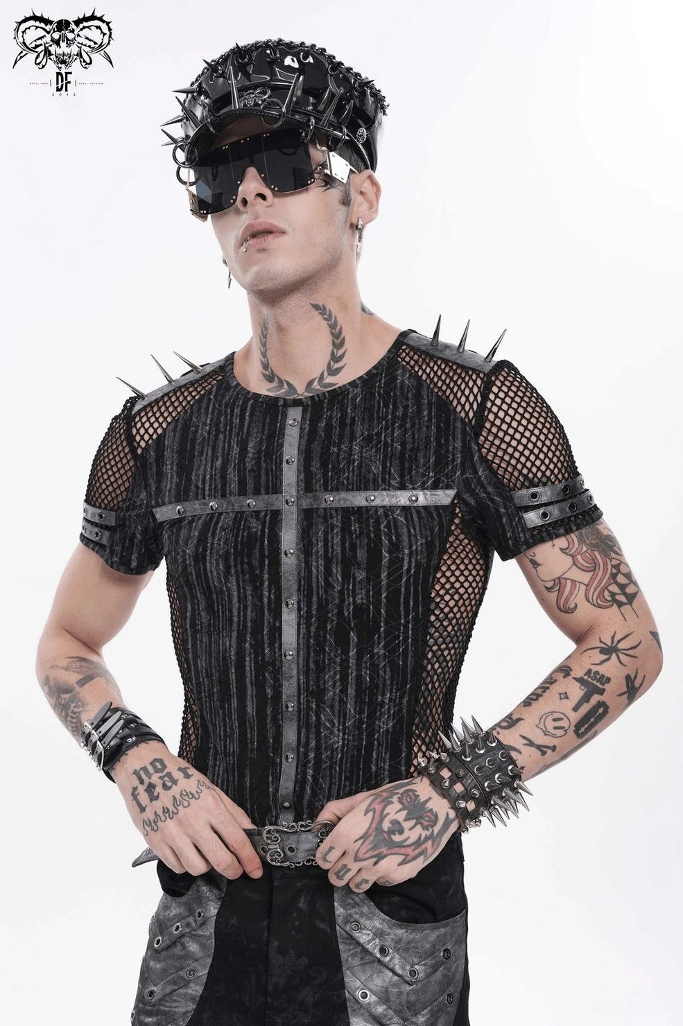Gothic industrial mesh t-shirt fit and drape on male model demonstration