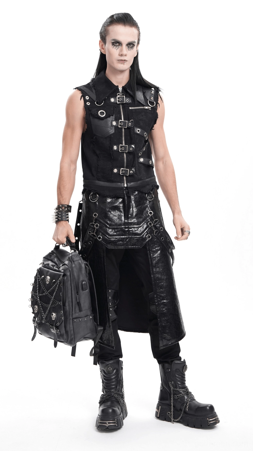 Gothic industrial vest styled photography showing zippers and distressed fabric
