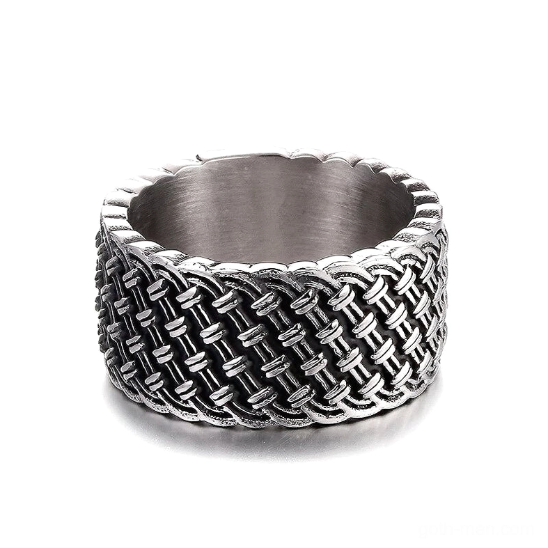 Front flat view of gothic stainless steel ring displaying full interwoven pattern and brushed inner band