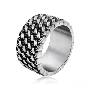 Gothic interwoven stainless steel ring side view showing detailed braided texture and vintage silver finish