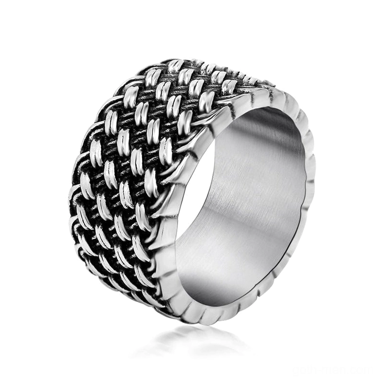 Gothic interwoven stainless steel ring side view showing detailed braided texture and vintage silver finish