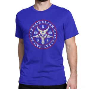 Royal blue gothic inverted pentagram t-shirt with baphomet badge print for men