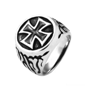 Iron Cross Flame Biker Ring – Gothic Statement Jewelry Oblique Angle Showing Intricate Engravings and Contrasting Metal Finish