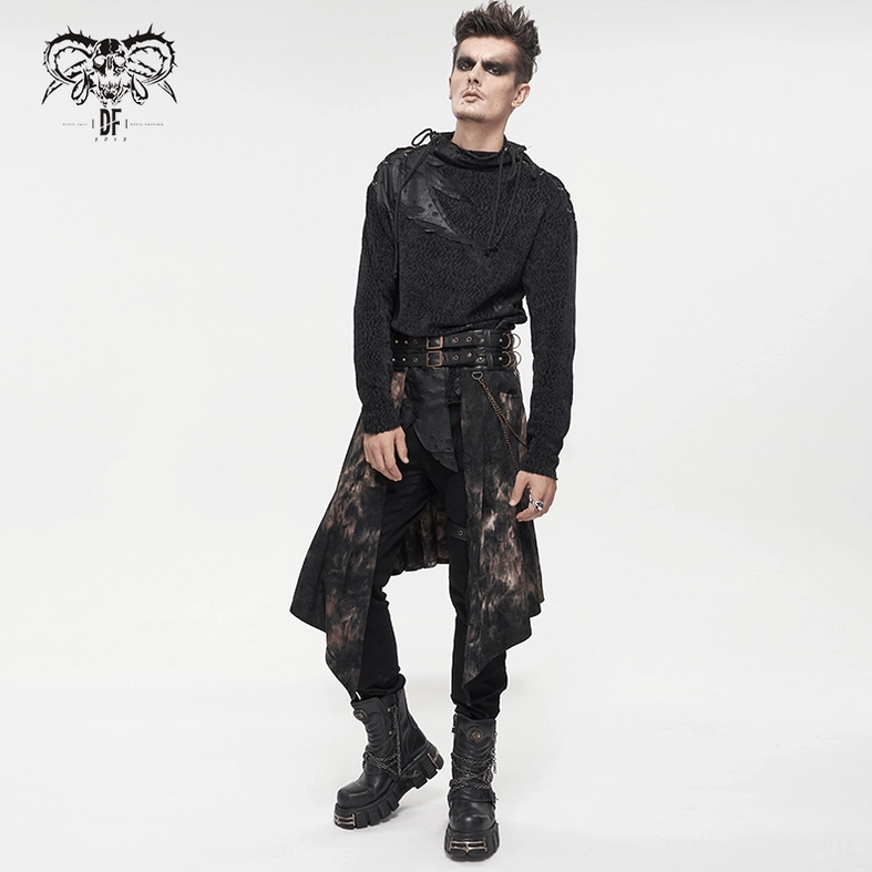 Gothic men's irregular half skirt - three-quarter view showing asymmetric cut and metal chain accents