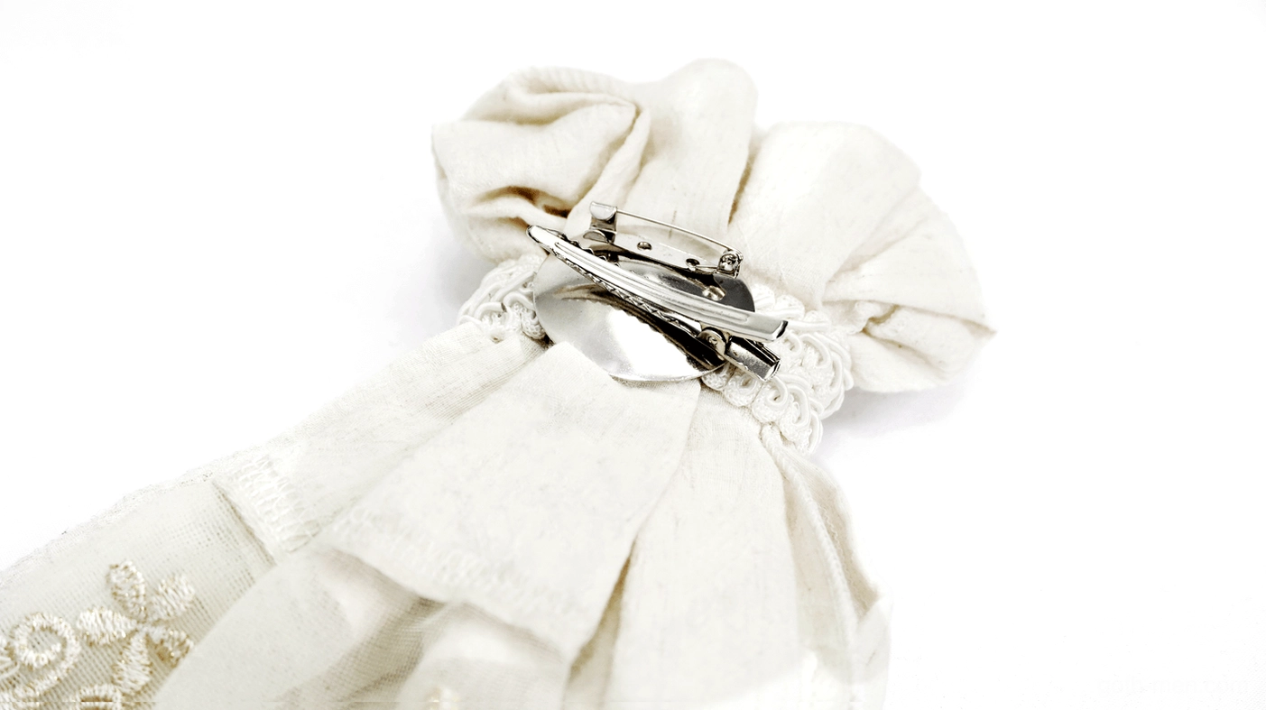 Back View of Gothic Lace Jabot Necktie - Silver Metal Clip and Embroidered Lace