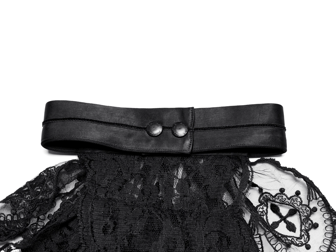 Gothic jabot collar fastener mechanism side view, faux leather strap with functional metal button closure system