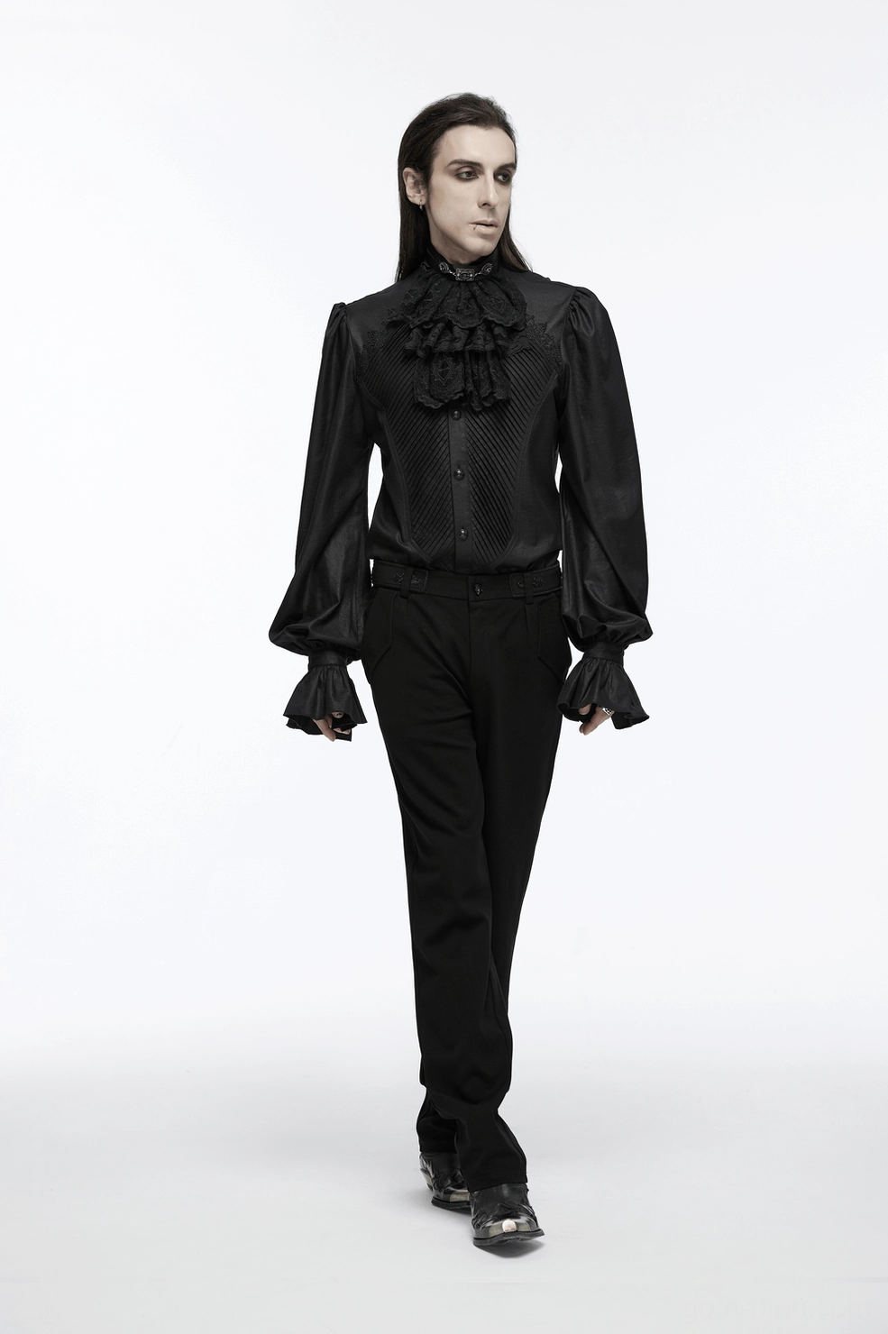 Male goth model full body front view wearing black gothic formal shirt with jabot collar, puffed cuffs, and all-black ensemble