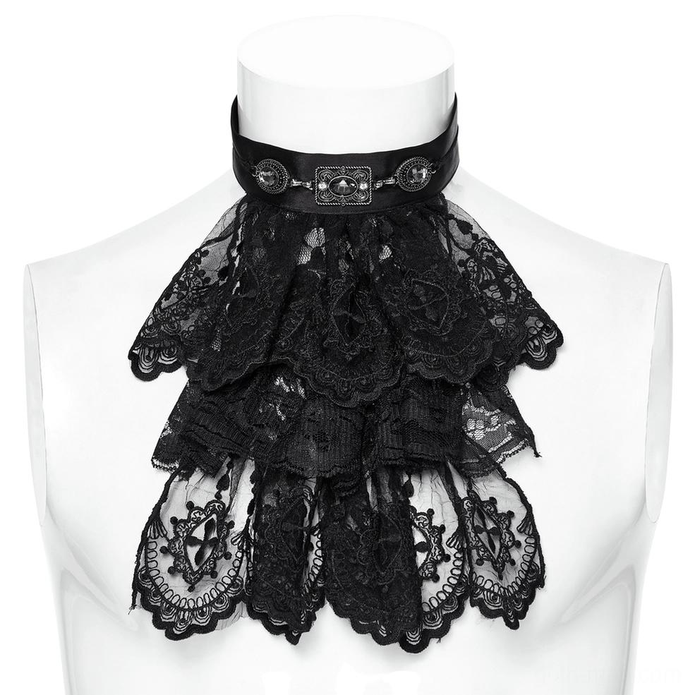 Gothic lace jabot collar displayed on mannequin front view, showcasing multi-layer scalloped lace and metal neck strap attachment