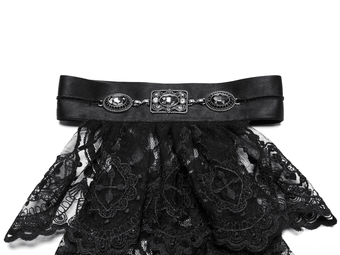 Gothic jabot collar top strap close-up showing faux leather material and three decorative metal ornamental pieces