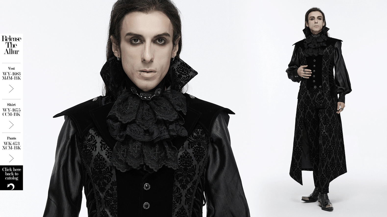 Gothic formal outfit composite showing jabot collar styling with damask vest and long goth coat, multiple angle perspective