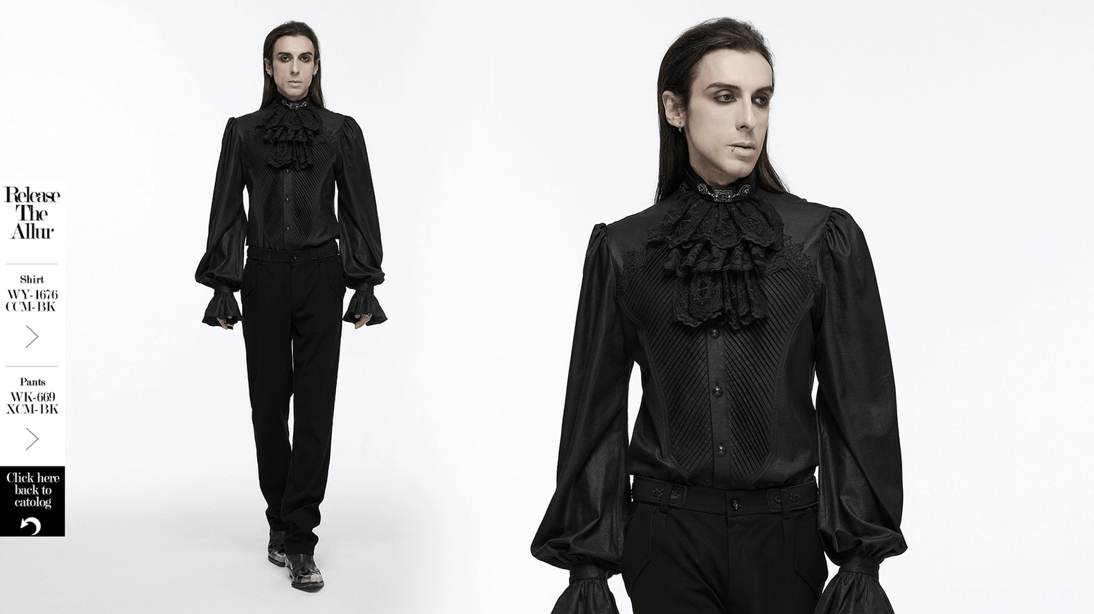 Black gothic formal shirt with jabot collar lace accents, composite two-angle view showcasing puffed sleeves and neckwear detail