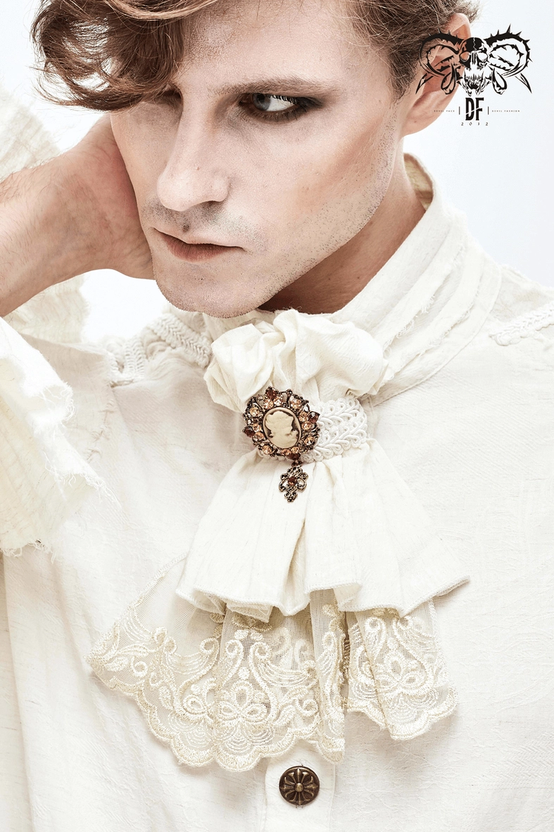 Gothic White Jabot Tie Construction Detail - Ruffled Cotton and Lace Combination