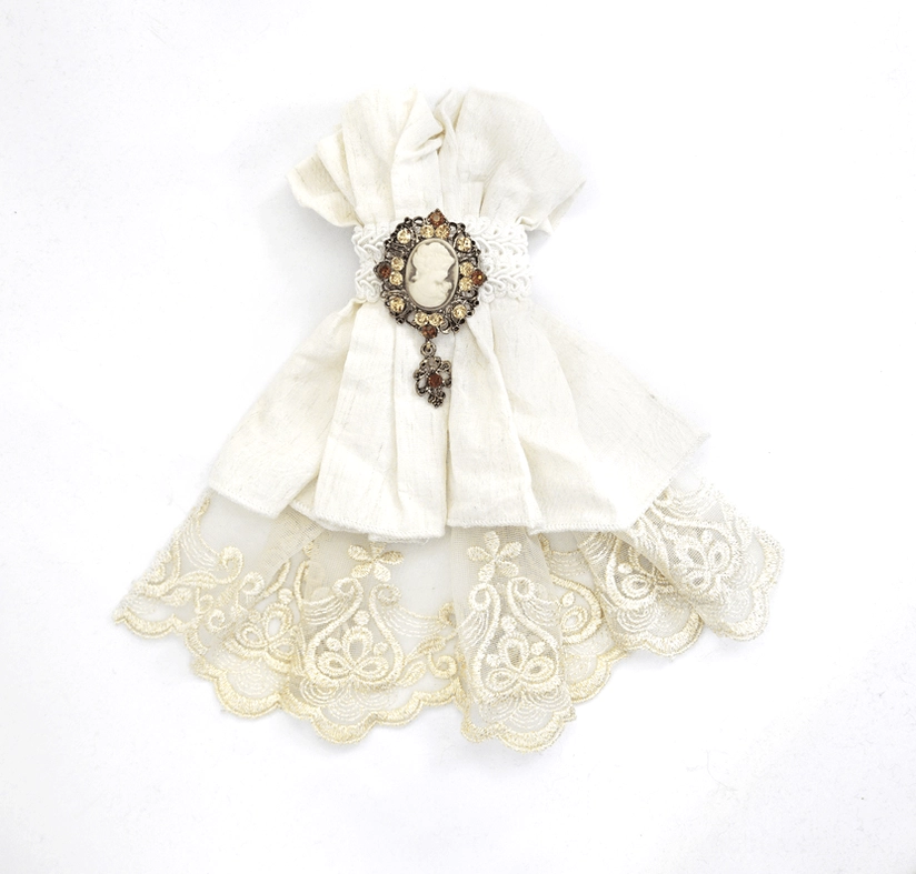 Full Front View of Gothic Lace Jabot Accessory - Vintage Gemstone Pendant and Ruffled Cotton