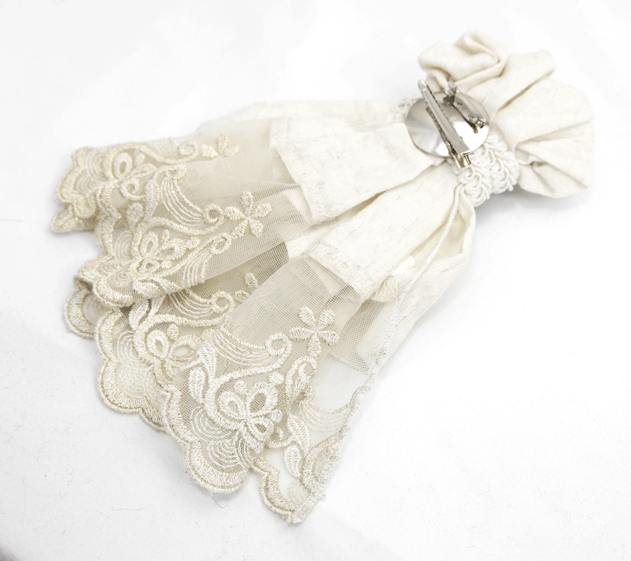 Full Side View of Men's Gothic White Jabot - Large Embroidered Lace Hem and Metal Clasp