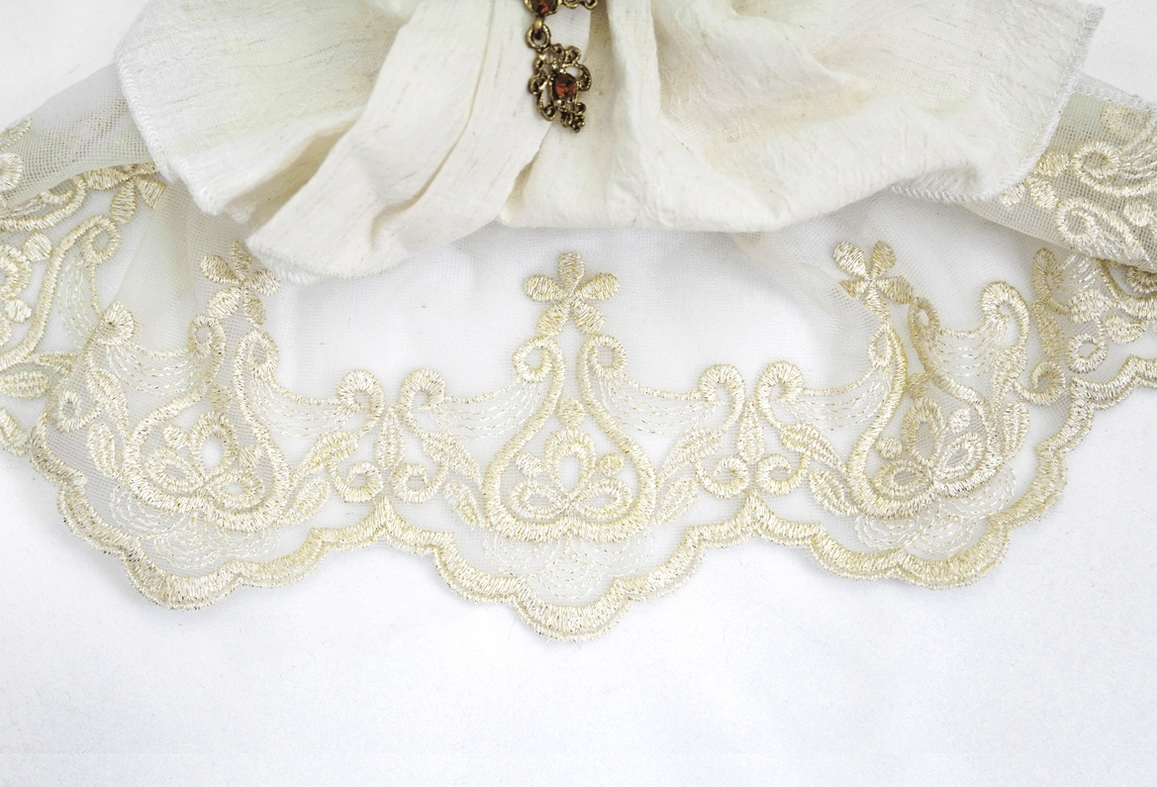 Intricate Lace Hem Detail of Gothic Jabot Necktie - Scroll Embroidery and Gemstone Fragment