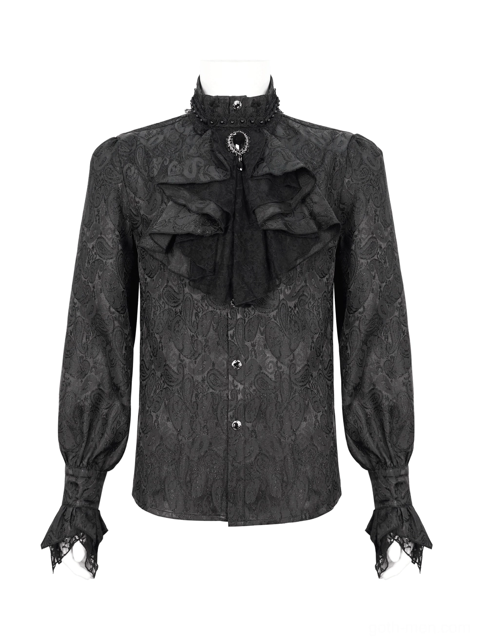 Front view of gothic jabot men's shirt showing full ruffled neckline and decorative lace cuff trim on mannequin