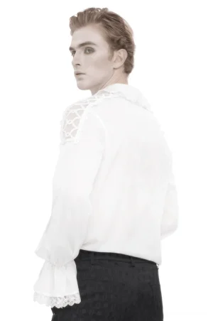 Men's Gothic Ruffled Shirt - Back View Showing Lace Shoulder Panel and High Collar in White