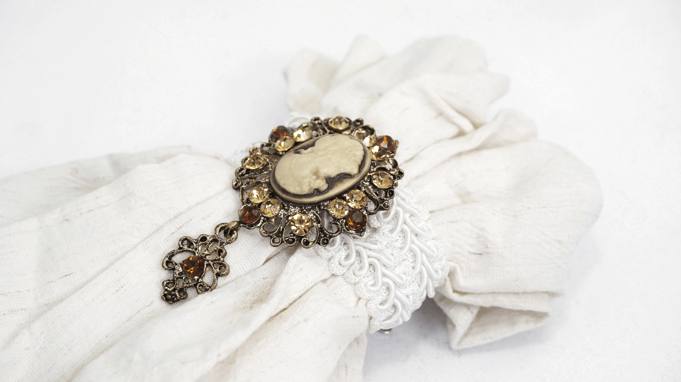 Side View of Men's Gothic Jabot Tie - Vintage Gemstone Brooch and Ruffled Cotton Detail