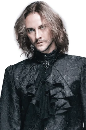 Victorian gothic black jabot tie with gemstone brooch worn by male model with long dark hair, front view studio portrait