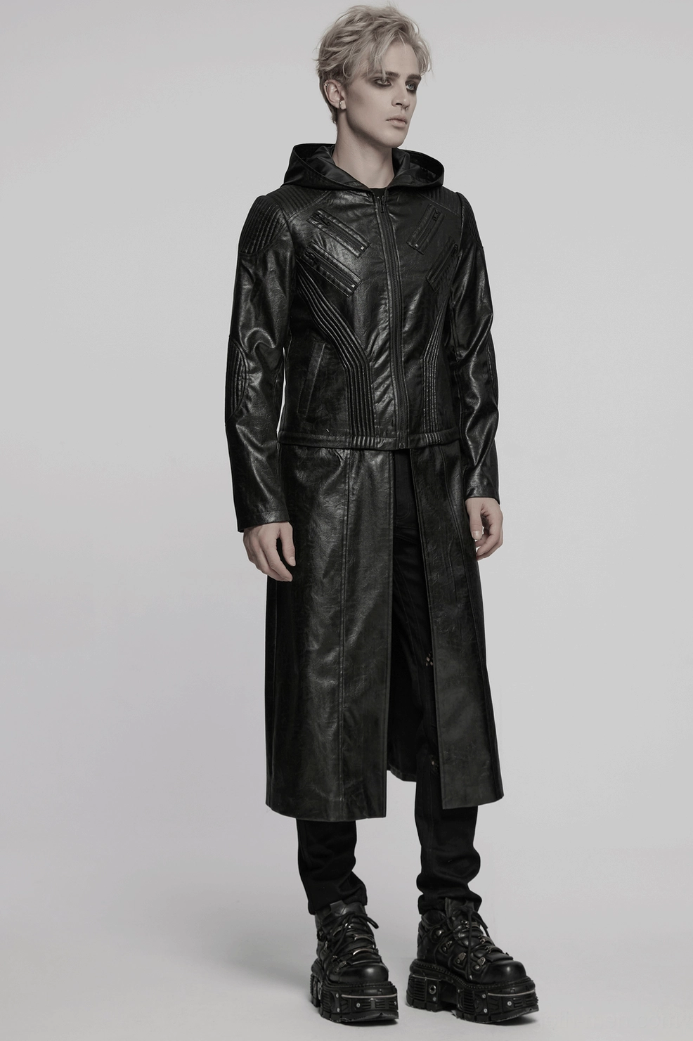 Men's black gothic hooded faux leather jacket dimensional view showing 3D quilted architectural design lines