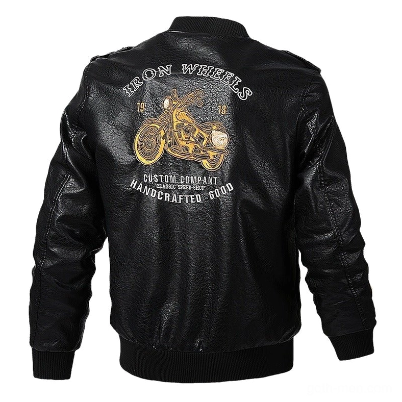 Born to Ride embroidered back design on black biker jacket, iron wheels motorcycle gothic embroidery