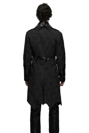 Black gothic jacquard coat back view showing asymmetrical hemline and metal buckle waist belt on model