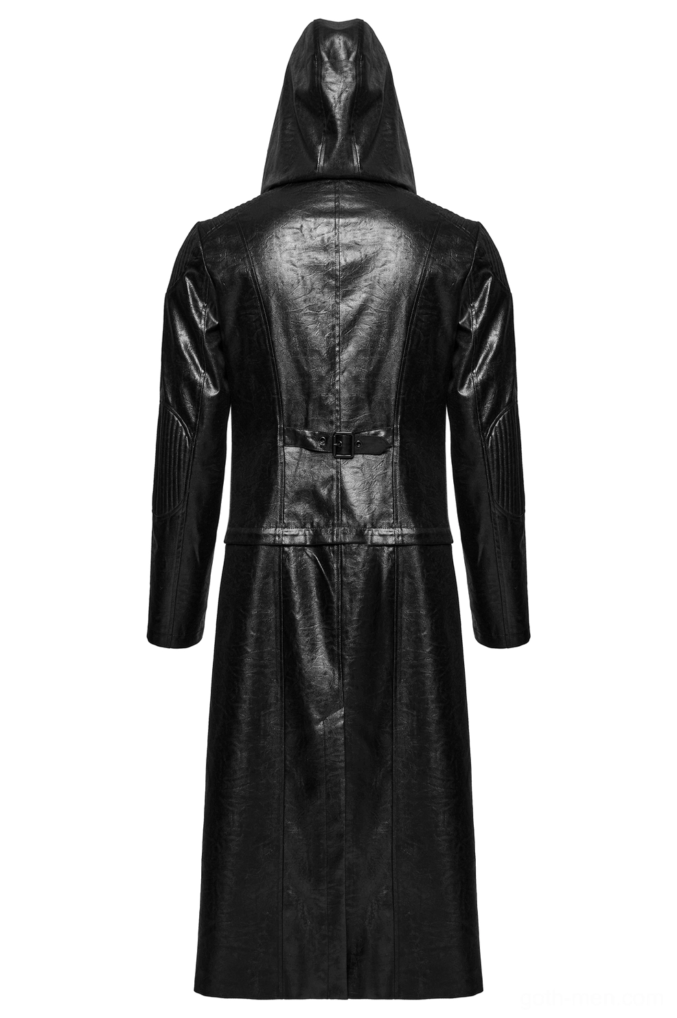 Men's black gothic hooded faux leather jacket back view showing back waist strap and quilted sleeve details on flat display