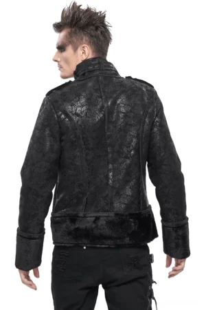 Black gothic jacket rear view showing structured shoulders and faux fur hem detail