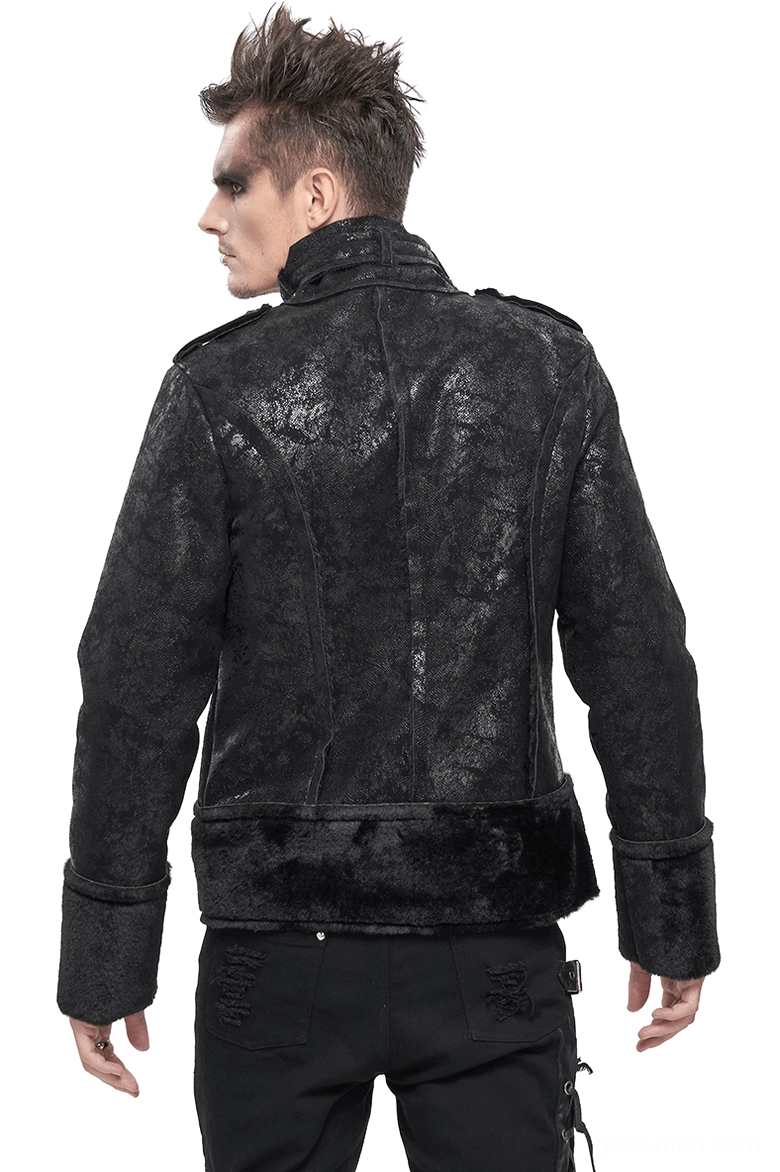 Black gothic jacket rear view showing structured shoulders and faux fur hem detail