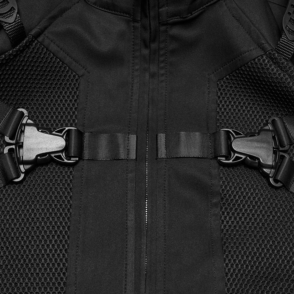 Black Gothic Tactical Jacket - Close-Up of Front Chest Buckle Straps and Metal Zipper