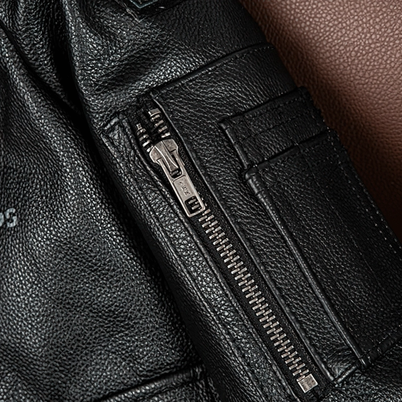 Gothic leather jacket front chest pocket design showing embroidery pattern and flap closure detail