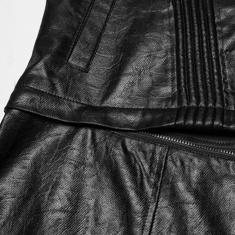 Close-up detail of men's black gothic faux leather jacket hemline and back waist area showing vertical quilted stitching