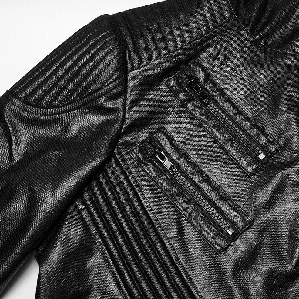 Close-up of men's black gothic faux leather jacket shoulder and pocket area showing dual zipper pockets and quilted shoulder seams