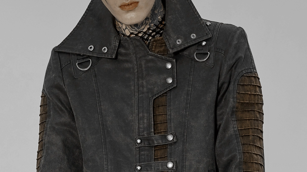 Close-up of gothic jacket asymmetric collar with snap fasteners and D-ring hardware detail