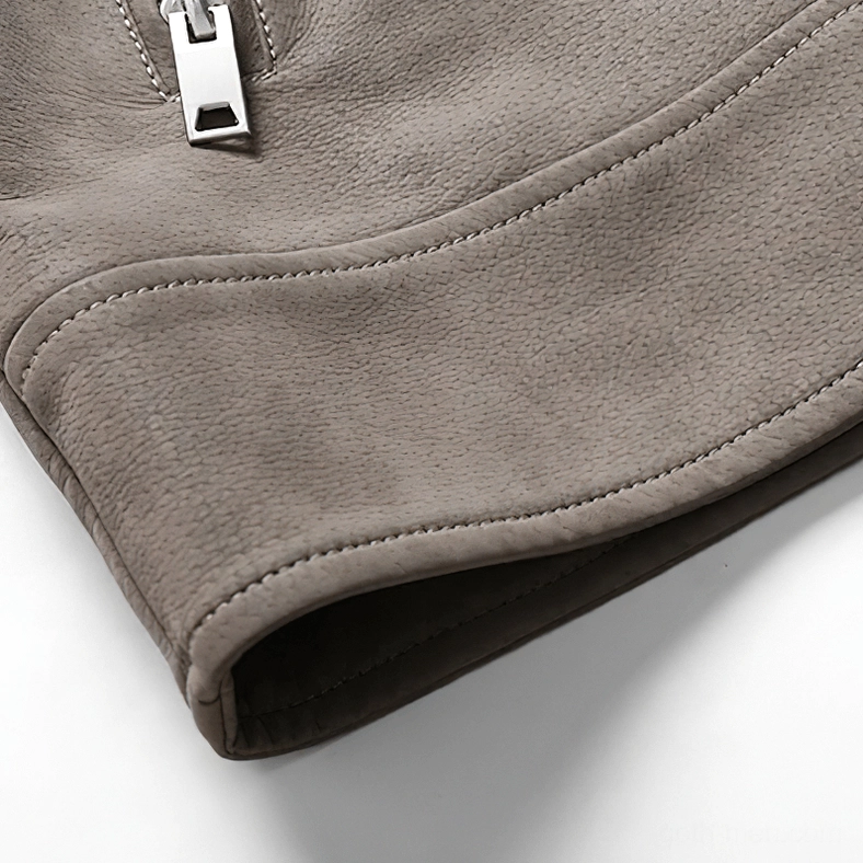 Collar and hardware close-up of gothic PU leather biker jacket showing matte suede texture