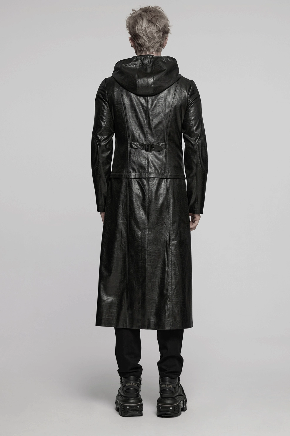 Men's black gothic hooded faux leather jacket transformable design feature showing detachable hemline option
