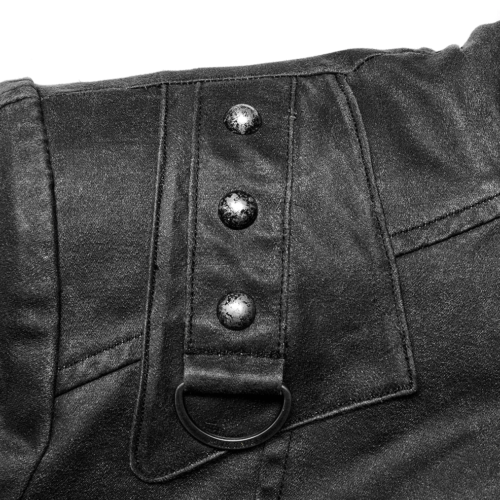 Close-up texture detail of distressed gothic jacket showing weathered faux leather finish and stitching