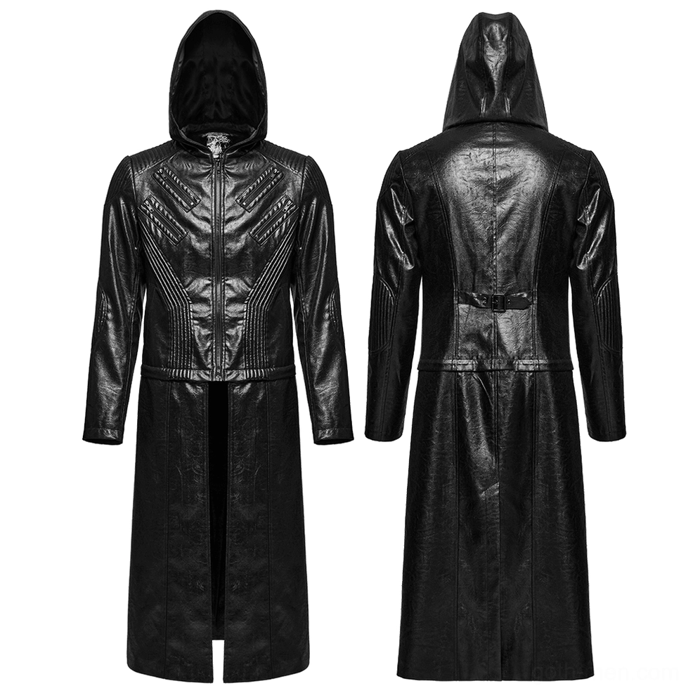 Men's black gothic hooded faux leather long jacket front and back flat lay view showing detachable hood and back waist strap