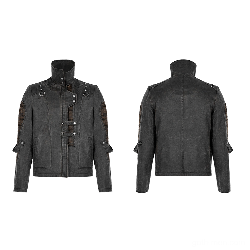 Distressed gothic leather jacket flat lay front and rear display showing metal D-rings and faded finish