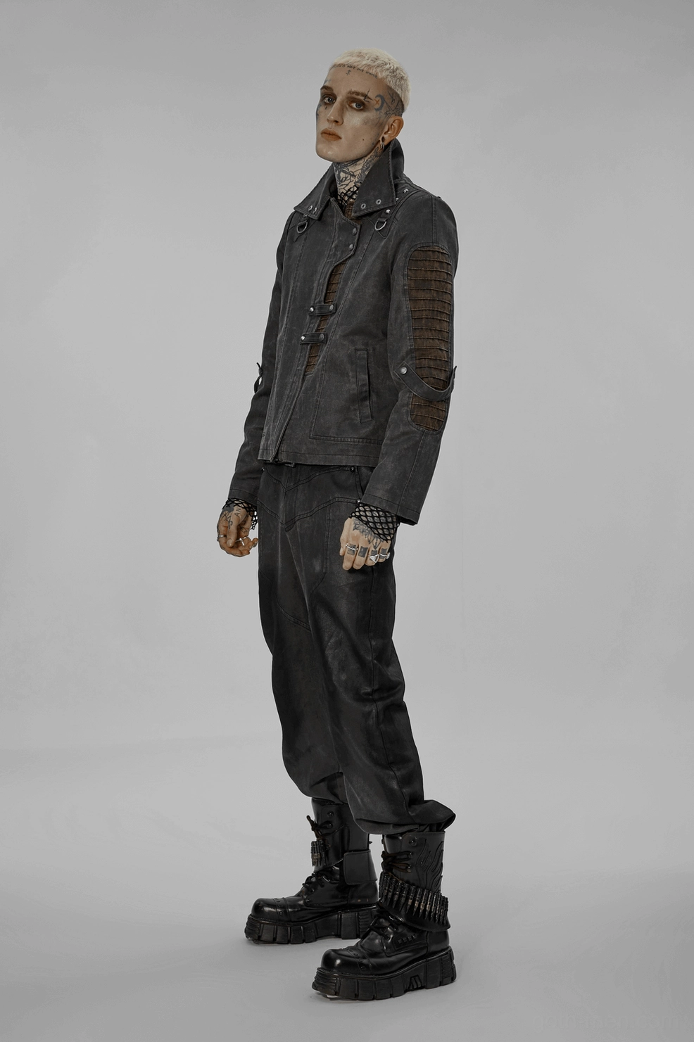 Distressed gothic leather jacket front flat display showing color-splice panels and industrial design