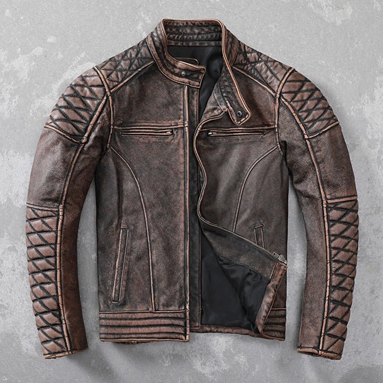 Front view of brown leather motorcycle jacket with unzipped front zipper showing interior cotton lining and chest pockets