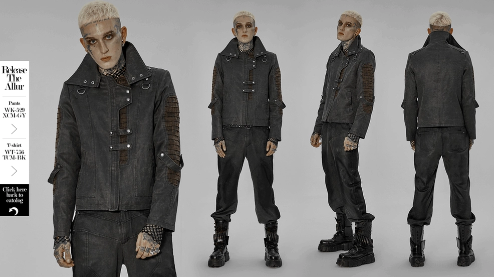 Gothic distressed leather jacket full body flat lay showing asymmetric construction and metal hardware