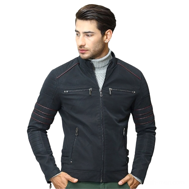 Man wearing dark gray PU leather gothic jacket with turtleneck, striped sleeves and zipper pockets