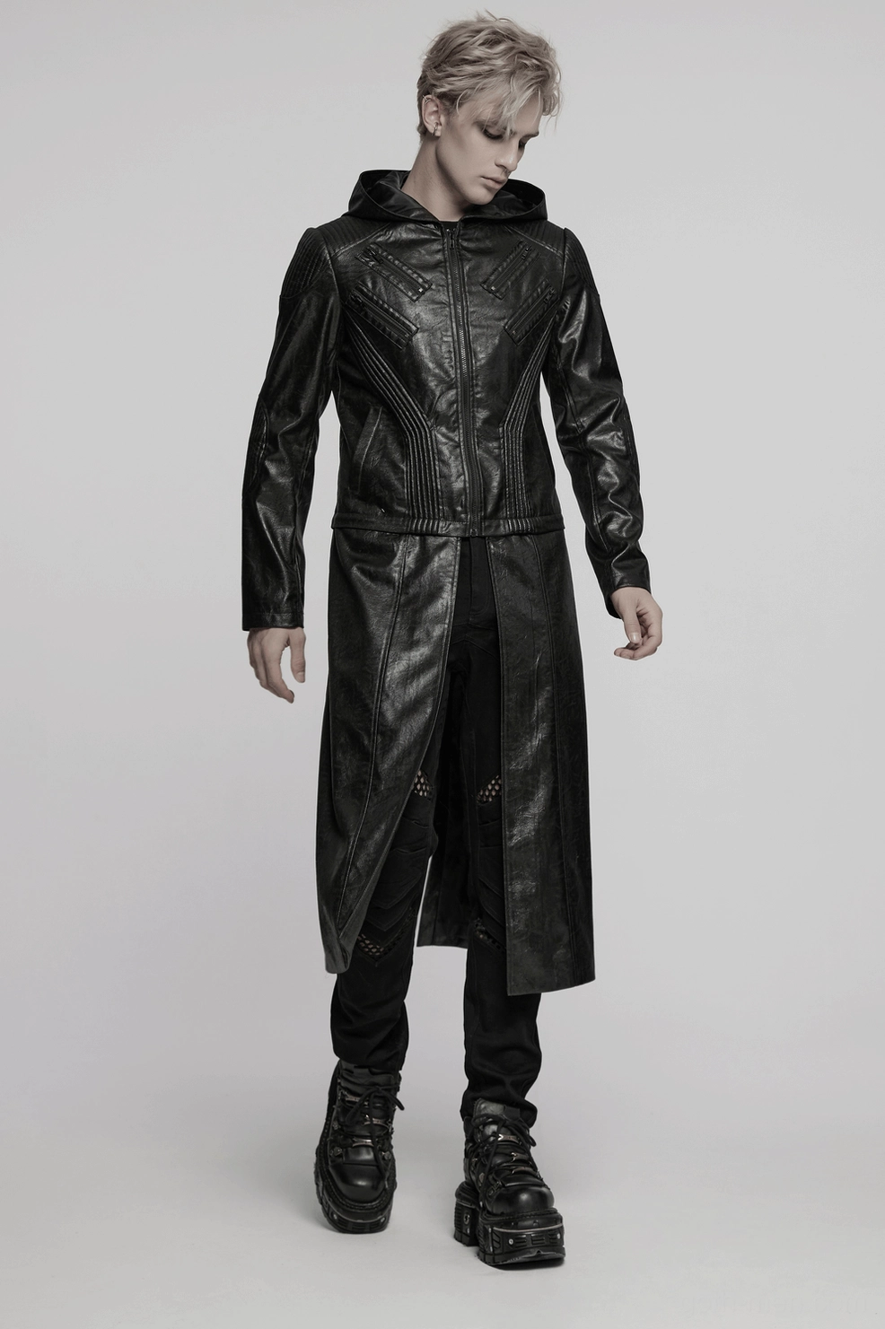 Men's black gothic hooded faux leather jacket hood detail close-up showing structured design and gothic aesthetic