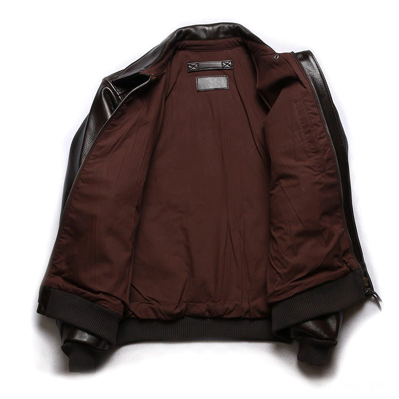 Interior lining and construction of gothic leather jacket showing brown polyester backing and quality finish