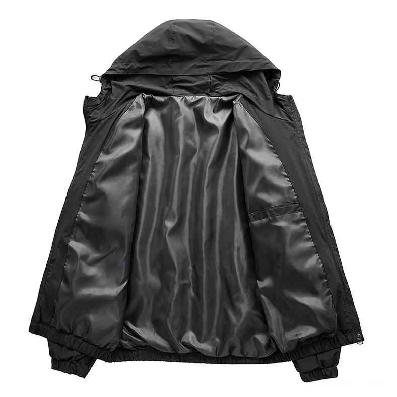 Men's gothic zip-up jacket interior lining, showing full thermal padding and inside pocket